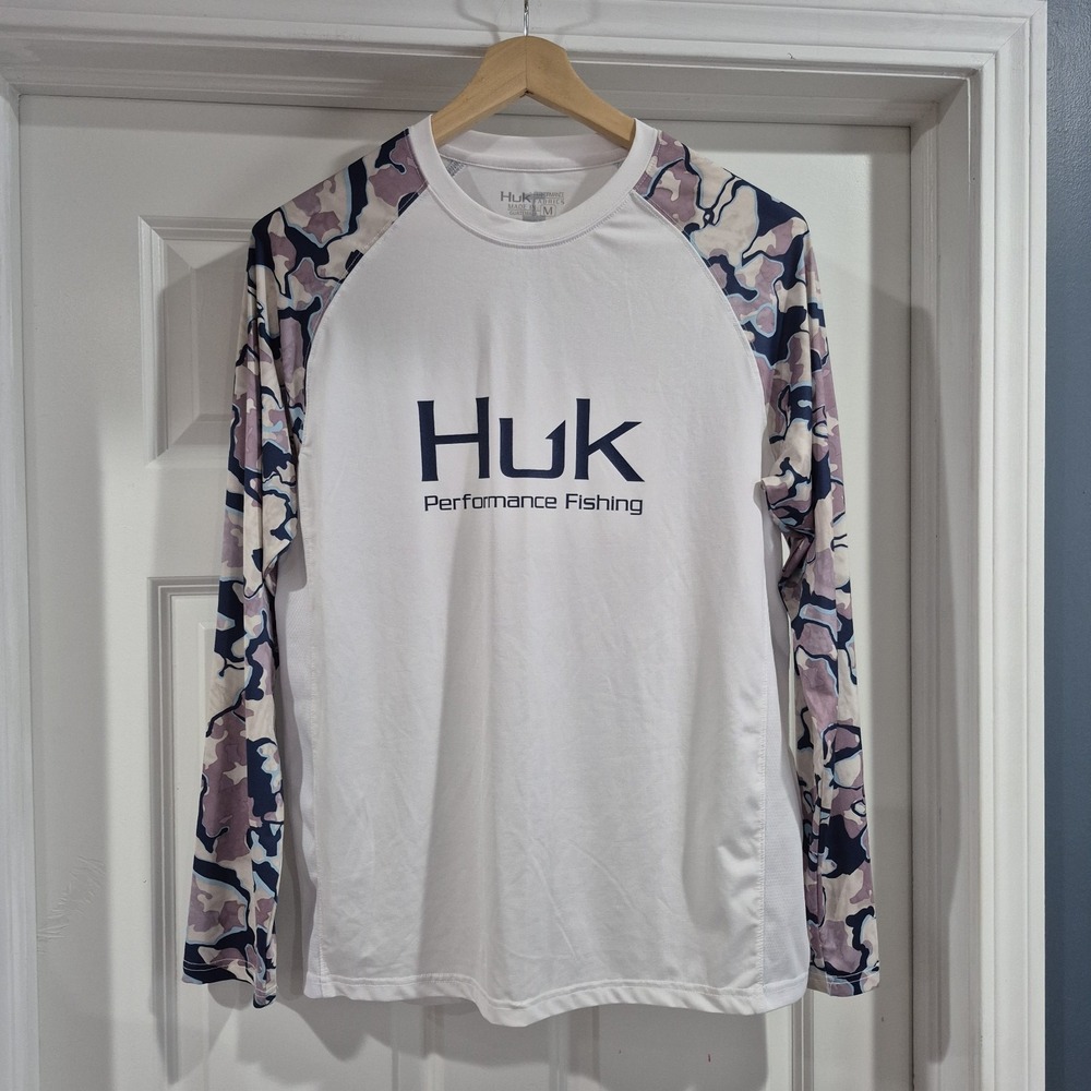Huk Fishing Shirt Mens Medium White Purple Camo Performance Breathable Stretch